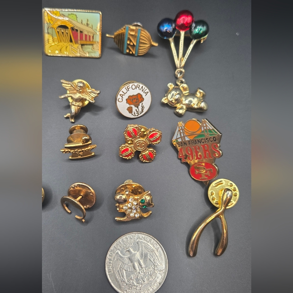 Mixed Vintage Gold Tone Enamel Pin Collection with Red & Pink Accents - Picture 4 of 5
